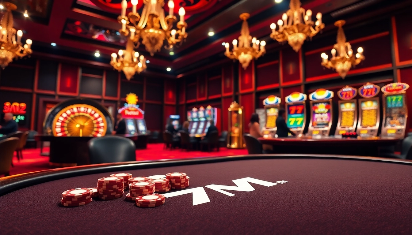 Players engaging at a luxurious casino table with 7M branding, showcasing excitement and strategy.