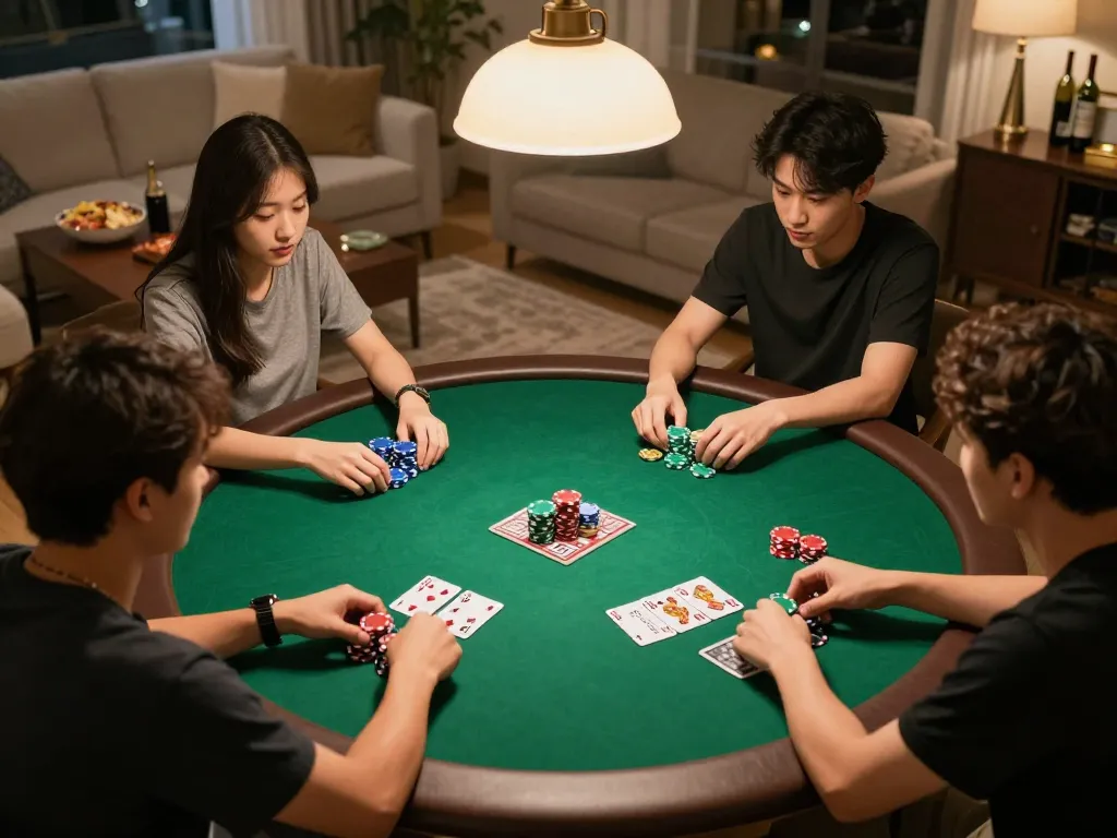 Bay789 players enjoying an engaging poker night with friends around a table filled with chips and cards.