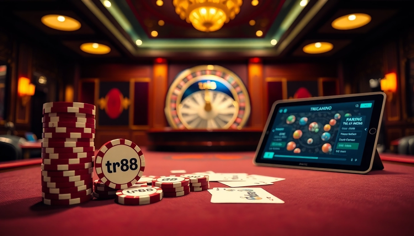 Engage with thrilling gaming activities at tr88, featuring luxury poker tables and vibrant betting chips.