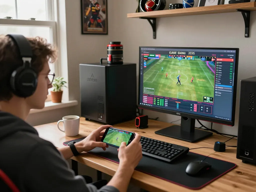 Player engaging with the Luck8 betting app while analyzing sports statistics in a cozy home setting