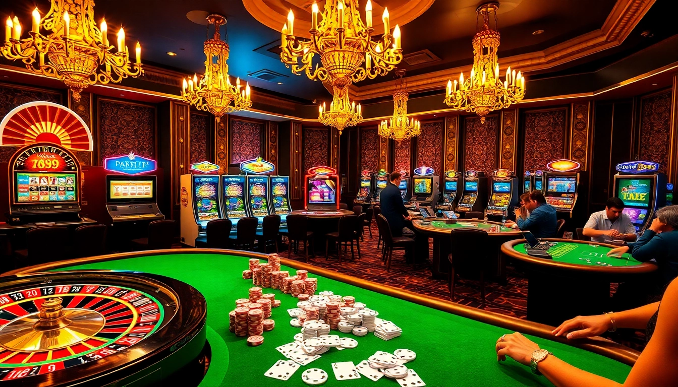 Experience the thrilling atmosphere of 789p with a vibrant casino scene featuring roulette, slot machines, and poker.