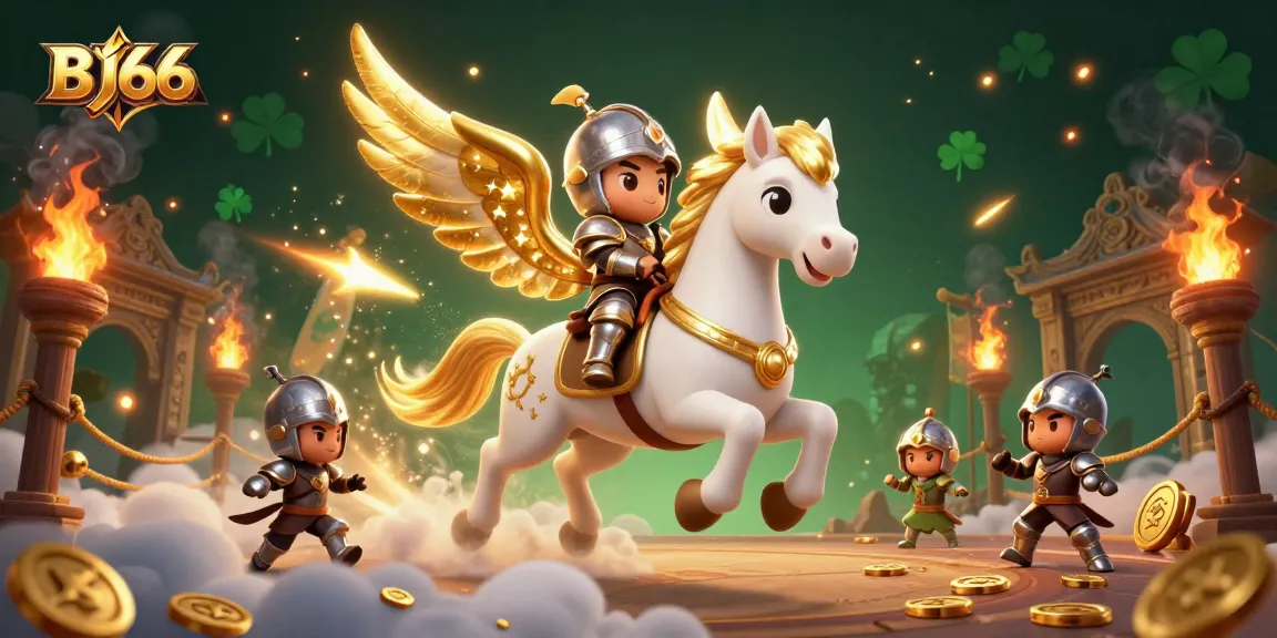 BJ66 offers exciting gaming with a celestial horse and knight in a vibrant casino scene.