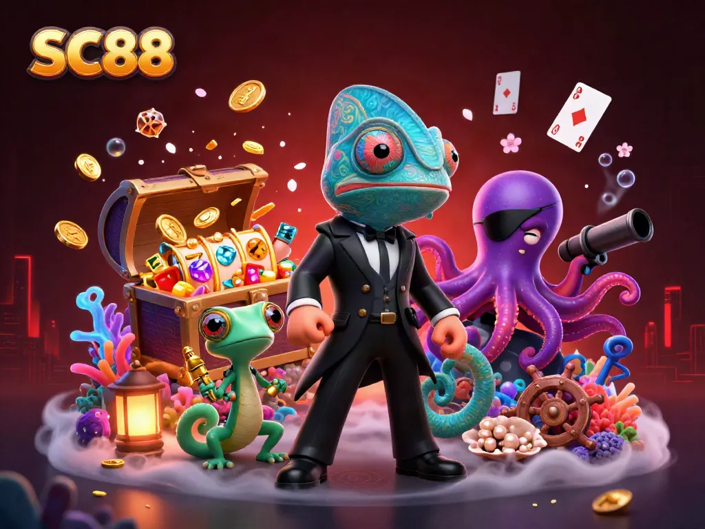 Experience thrilling slots with SC88, featuring a secret agent chameleon and dynamic casino elements.