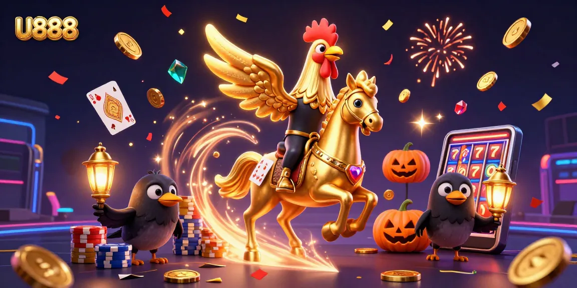 Win big with U888 in a vibrant casino scene featuring golden rooster and friends.