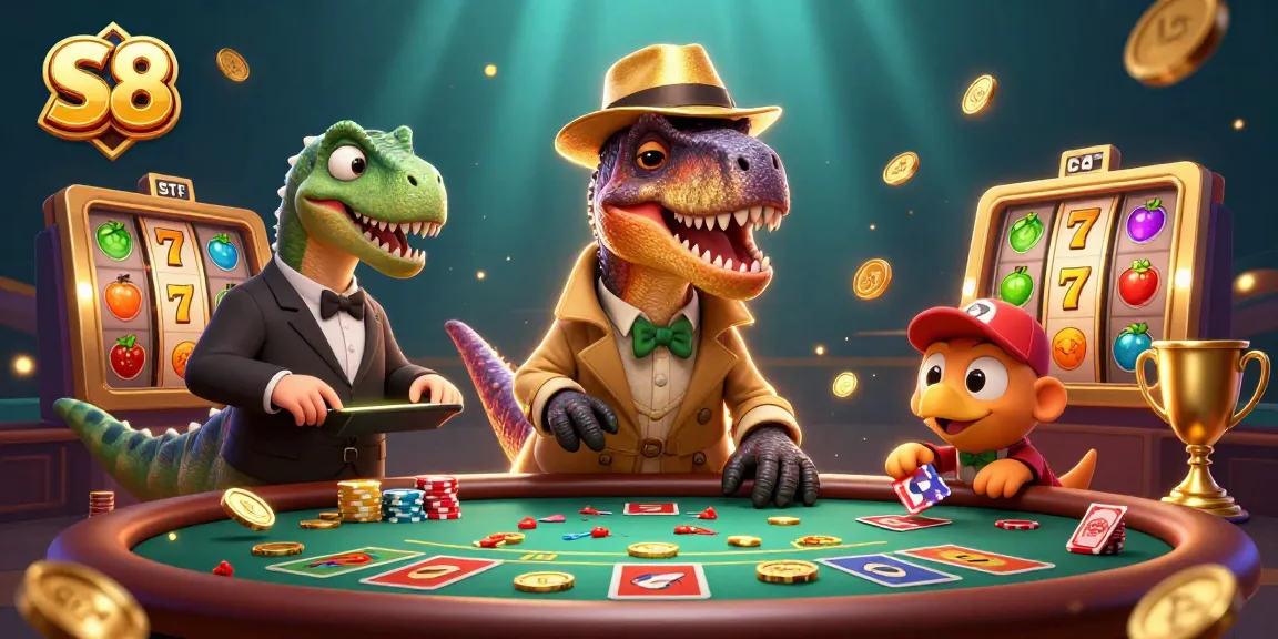 Experience the thrills of S8 online gaming as the velociraptor card counter navigates the blackjack table in this dynamic casino scene.
