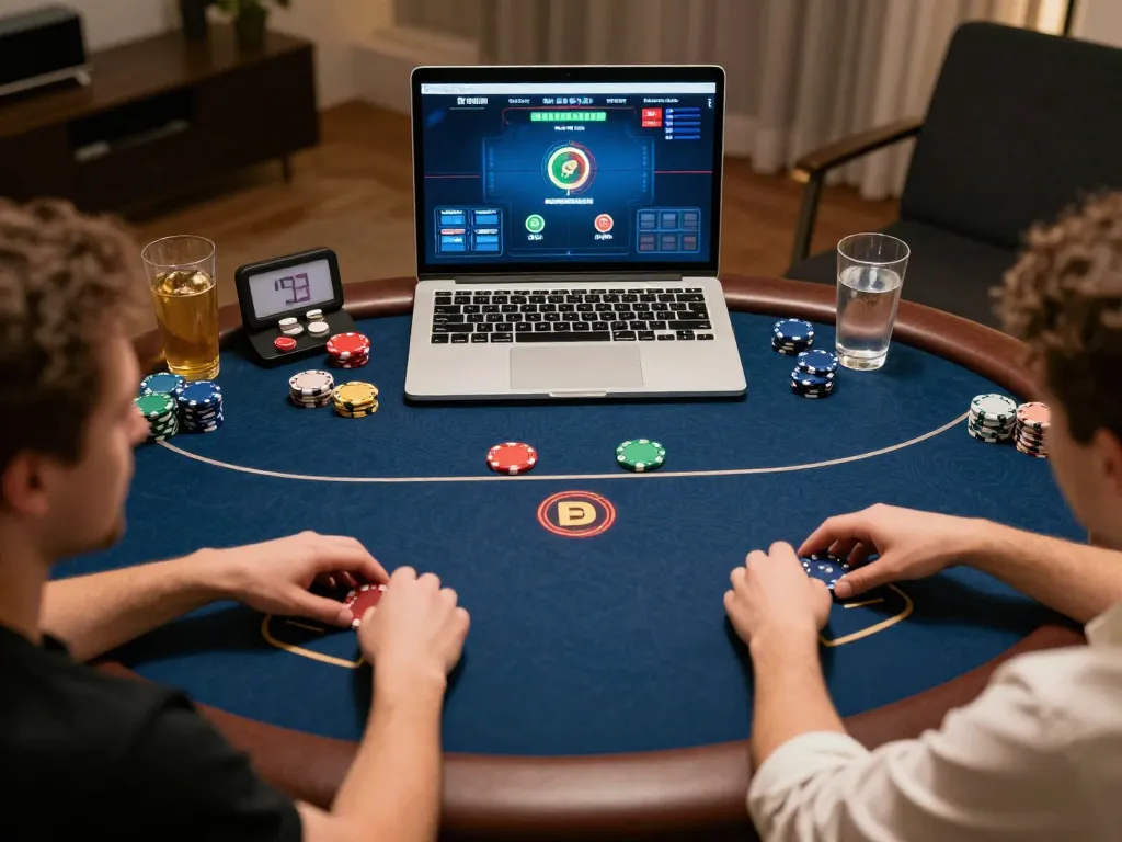 Players enjoying an online poker game at home with RR88 interface displayed on laptop