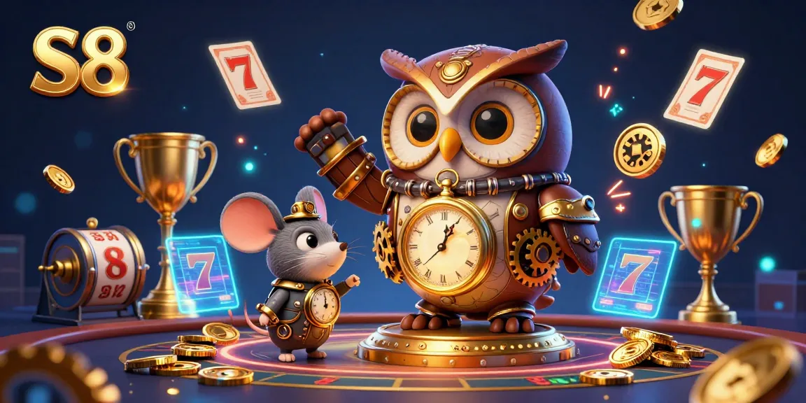 S8 interactive gaming scene with a time-traveler owl showcasing thrilling slot action, captivating casino elements.
