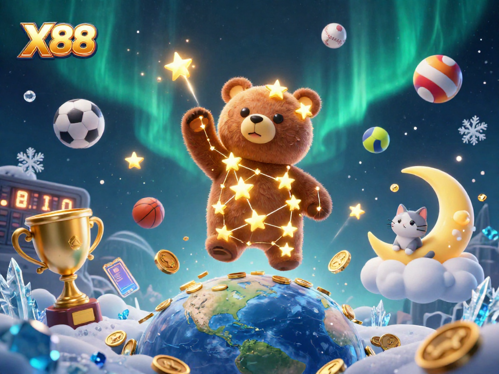 X88 players experiencing thrilling casino wins and dynamic games with golden trophies and sports elements.