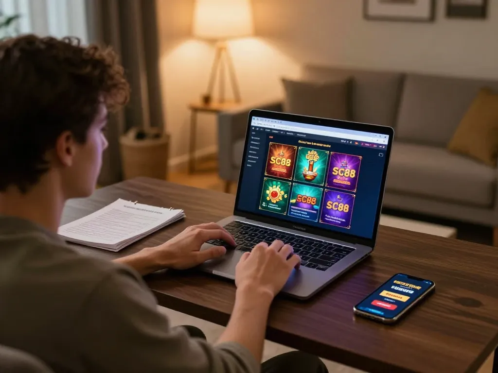 Player engaging with SC88 online casino interface to strategize winning bets from the comfort of home.