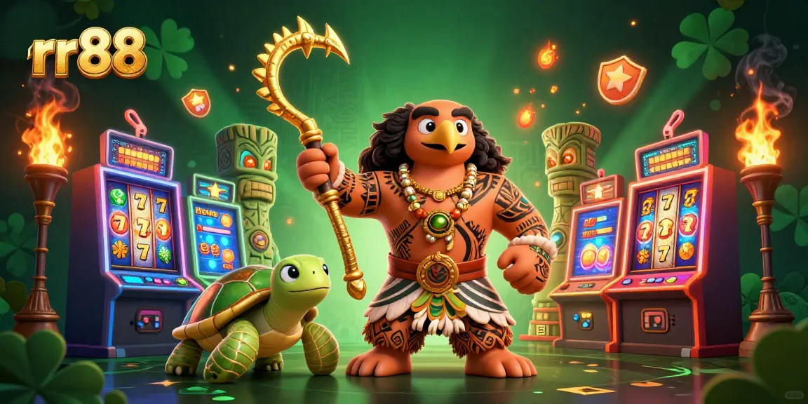 Engage with rr88 casino experience, featuring a demigod and gaming elements in a vibrant 3D scene.