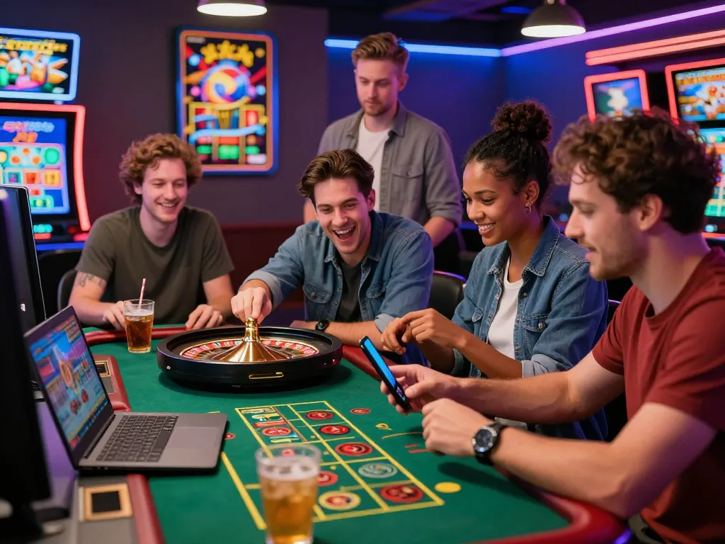 Luckywin gaming event with friends enjoying online casino games in a vibrant, lively setting.