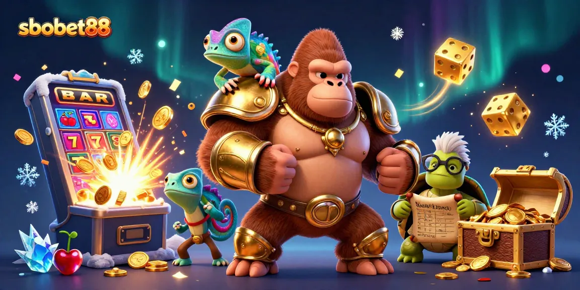 Savor the excitement at sbobet88 with a powerful gorilla king, vibrant jackpot, and casino-themed companions.