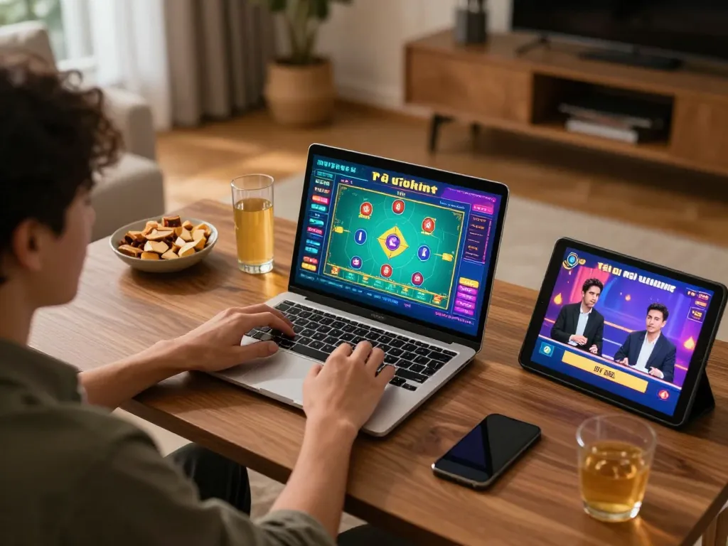 Tài xỉu online gaming setup at home with dynamic gameplay on screen and cozy atmosphere