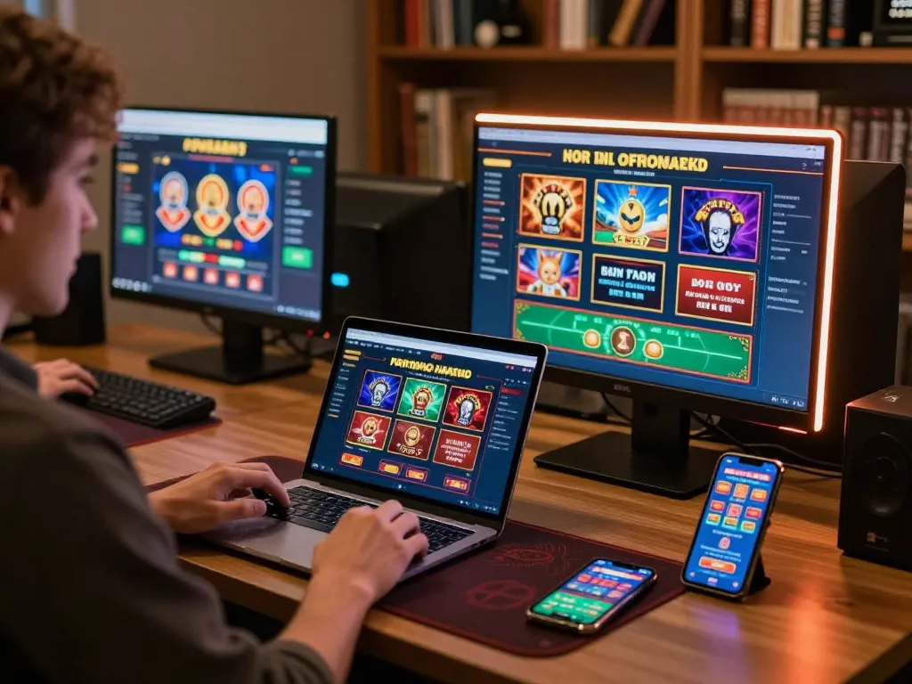 Engaging in online gameplay at open88 with multiple gaming screens highlighting poker and casino games.