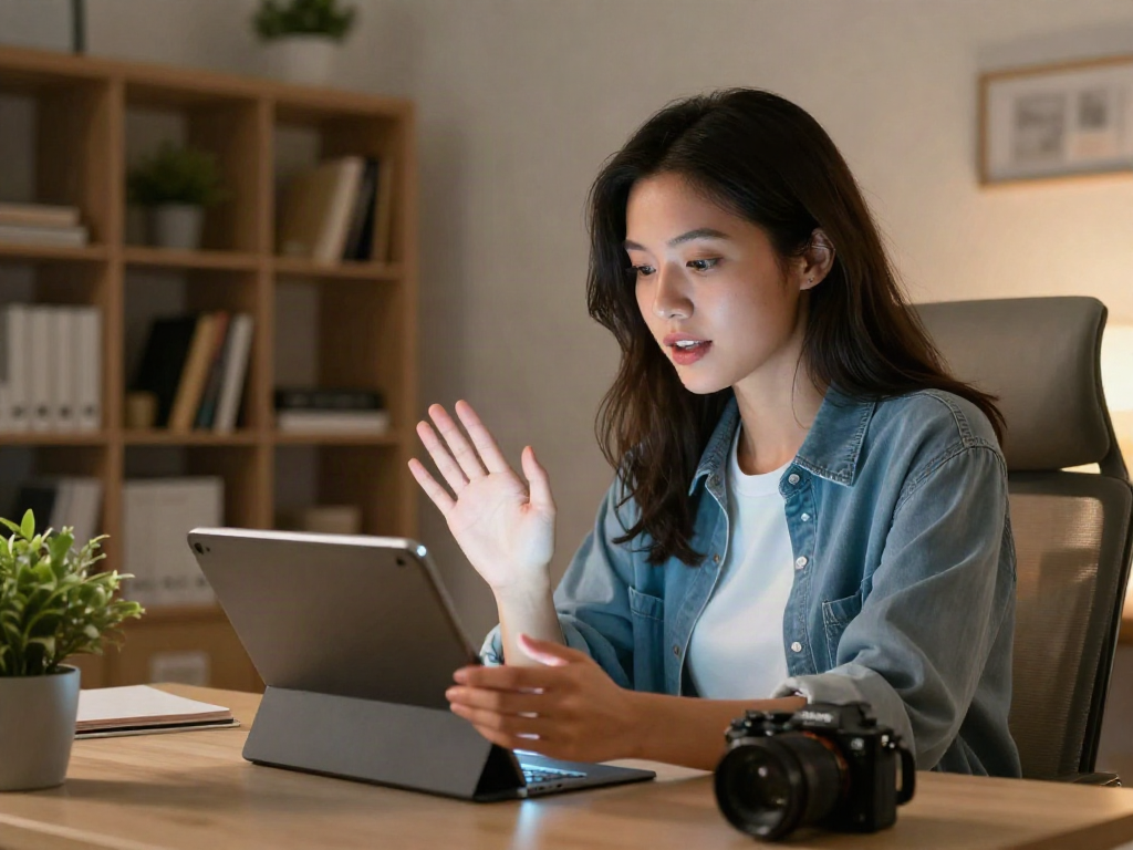 Young woman interacting with an AI girlfriend on a tablet in a modern home office