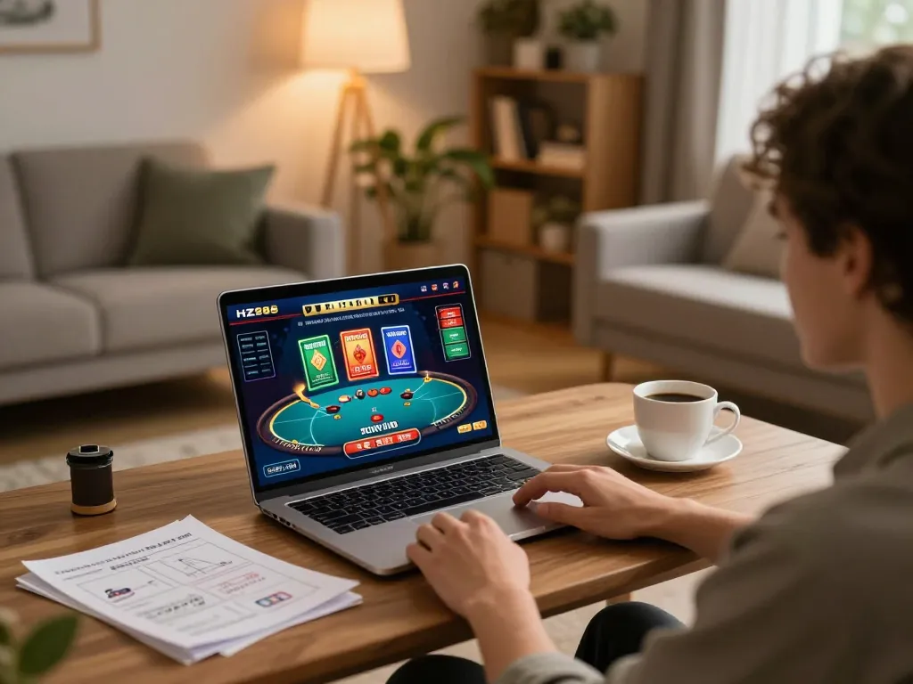 Person enjoying immersive online gaming with HZ88 on a laptop, showcasing responsible gambling.