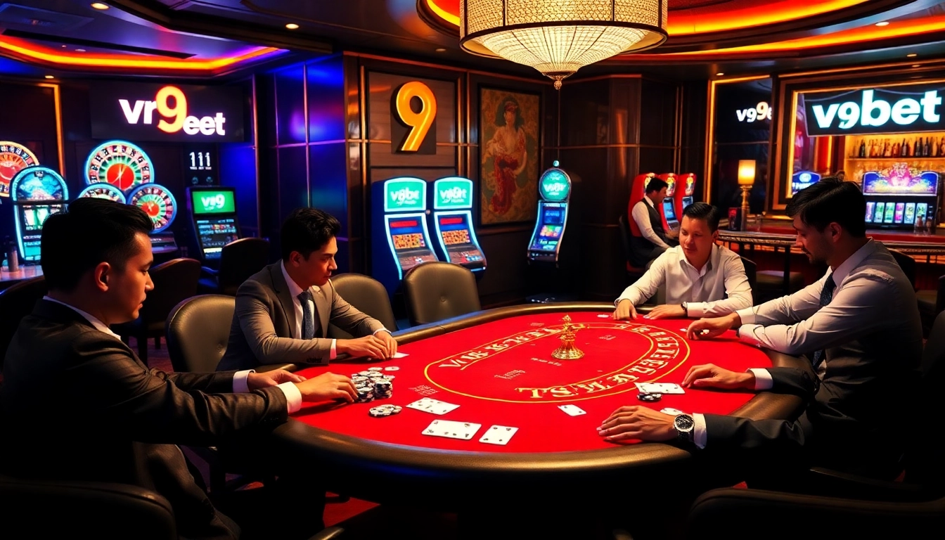 v9bet's thrilling poker scene showcasing high stakes and luxurious casino atmosphere.