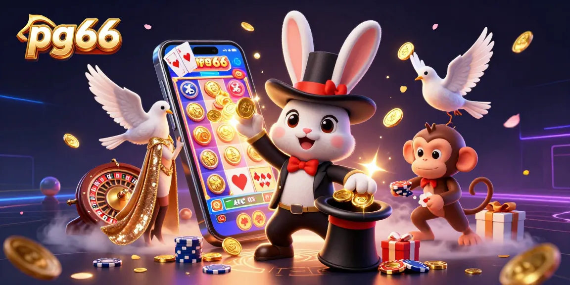 Experience the magic of pg66 with a whimsical 3D casino scene featuring a magician rabbit and playful monkey.