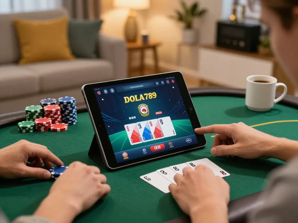 DOLA789 players engaging with poker app on tablet in cozy home setting