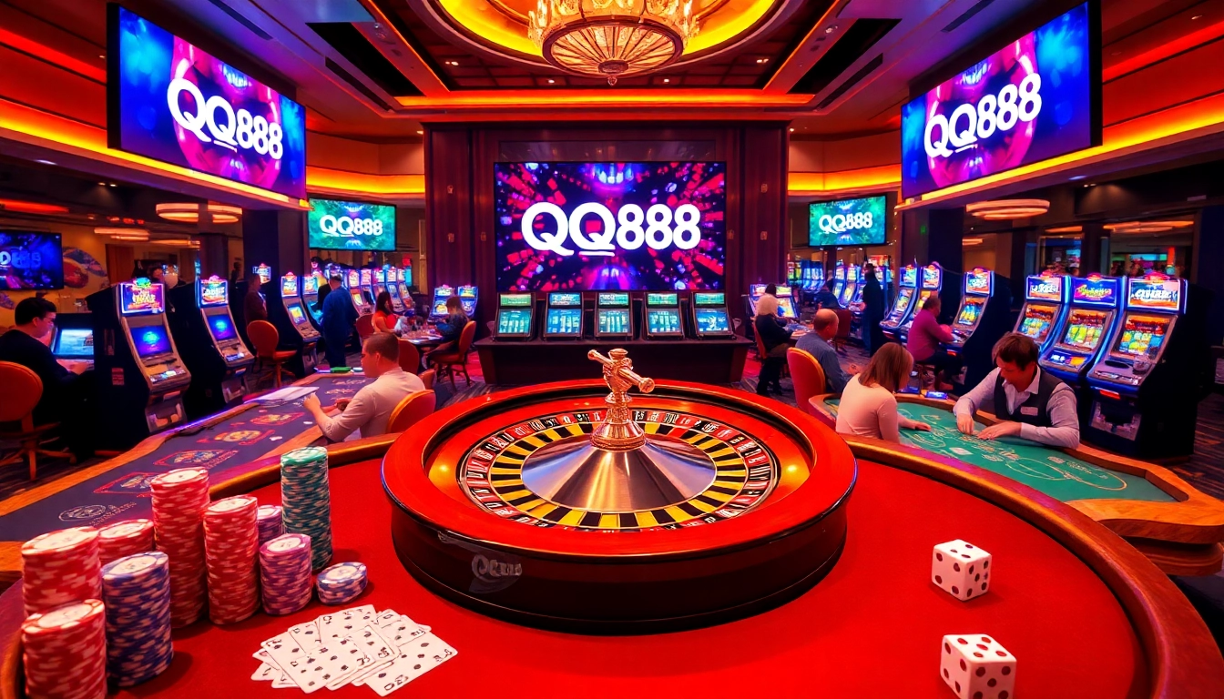 Experience thrilling gameplay at QQ88 with an elegant casino setup featuring roulette and poker elements.