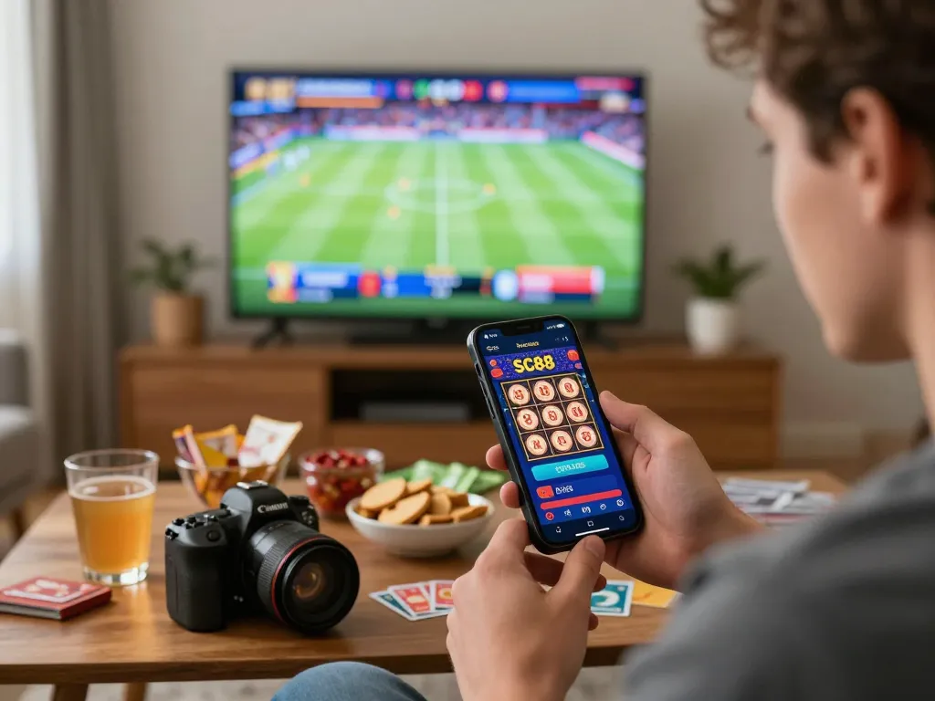 SC88 app offering immersive online gambling experience with engaging casino games and sports betting in a cozy living room.