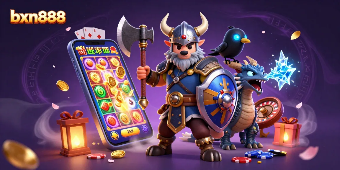 Engage with bxn888's vibrant 3D casino scene featuring a Viking warrior, dragon, and slot games.