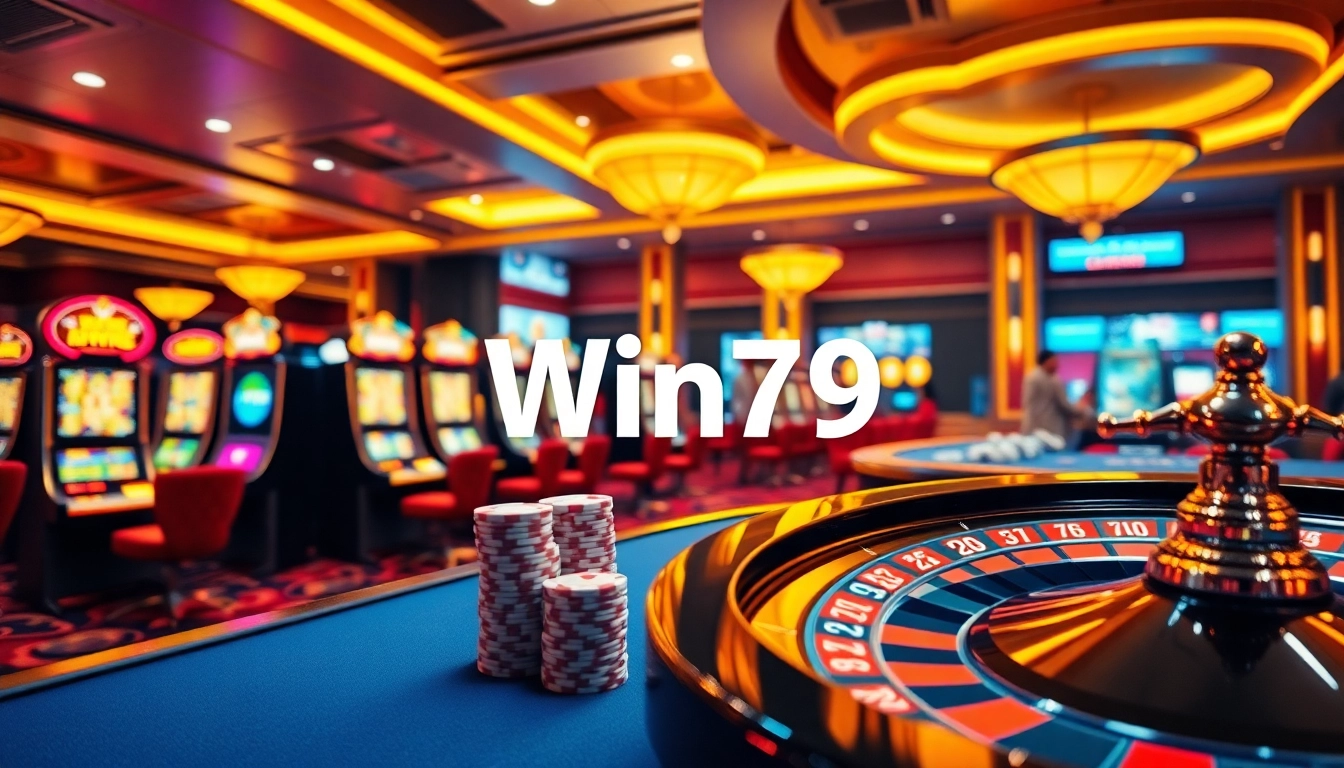 Exciting Win79 online casino scene featuring vibrant slot machines and poker tables.