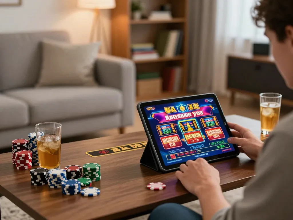 Player enjoying slots on vsbet tablet with colorful graphics in cozy home setting