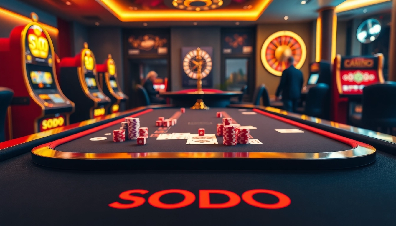 SODO casino gaming table with poker chips and vibrant slot machines creating an elegant gambling atmosphere.