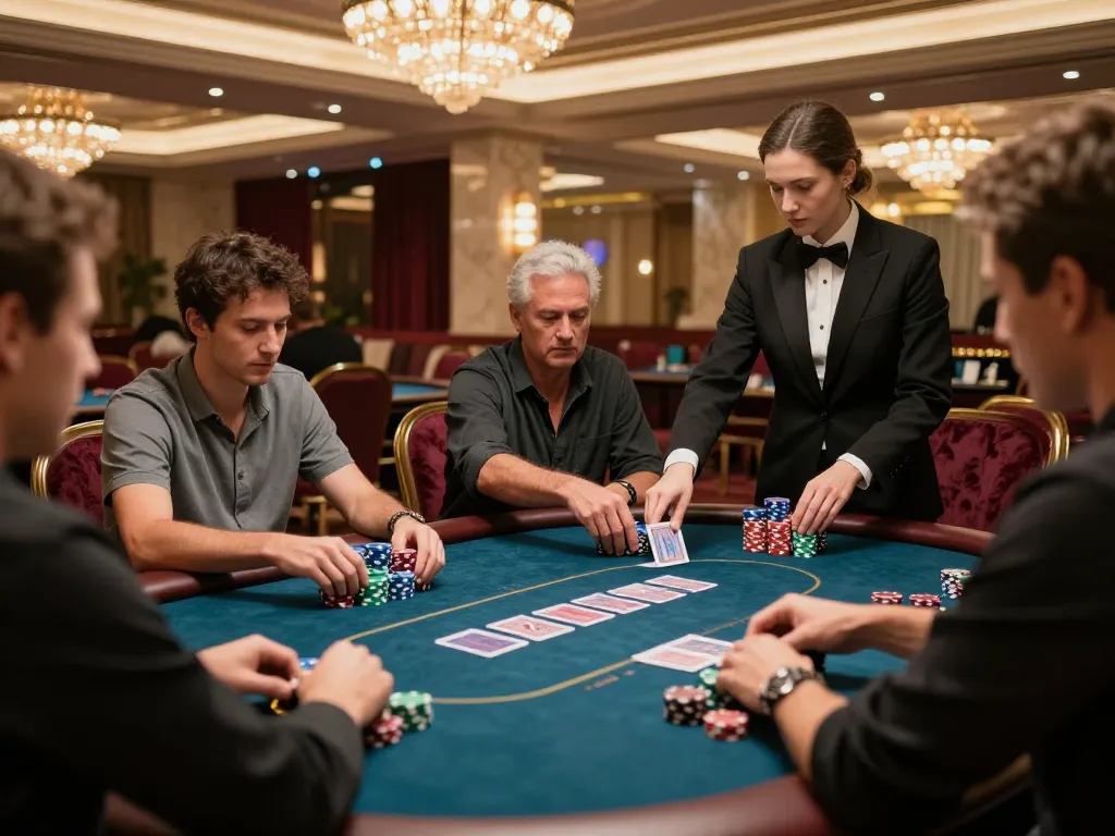 Rik88 players strategizing during a high-stakes poker game in a luxurious casino.