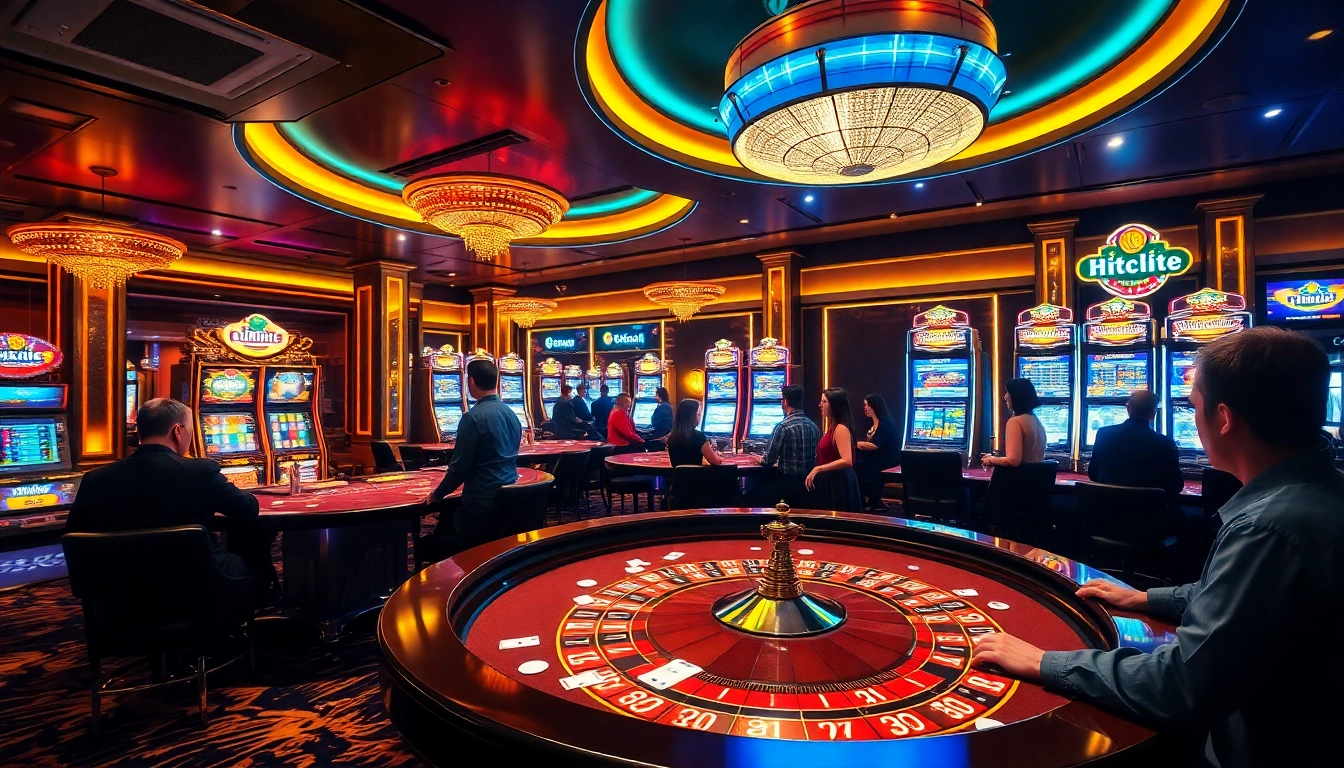 Hitclub casino experience featuring roulette and slot machines with vibrant players.