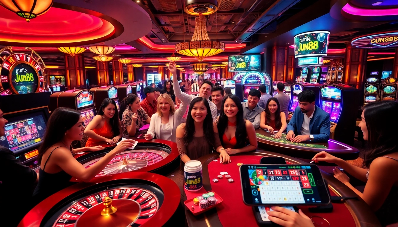Excited players at Jun88 engaging with games, showcasing the thrill of online gambling.
