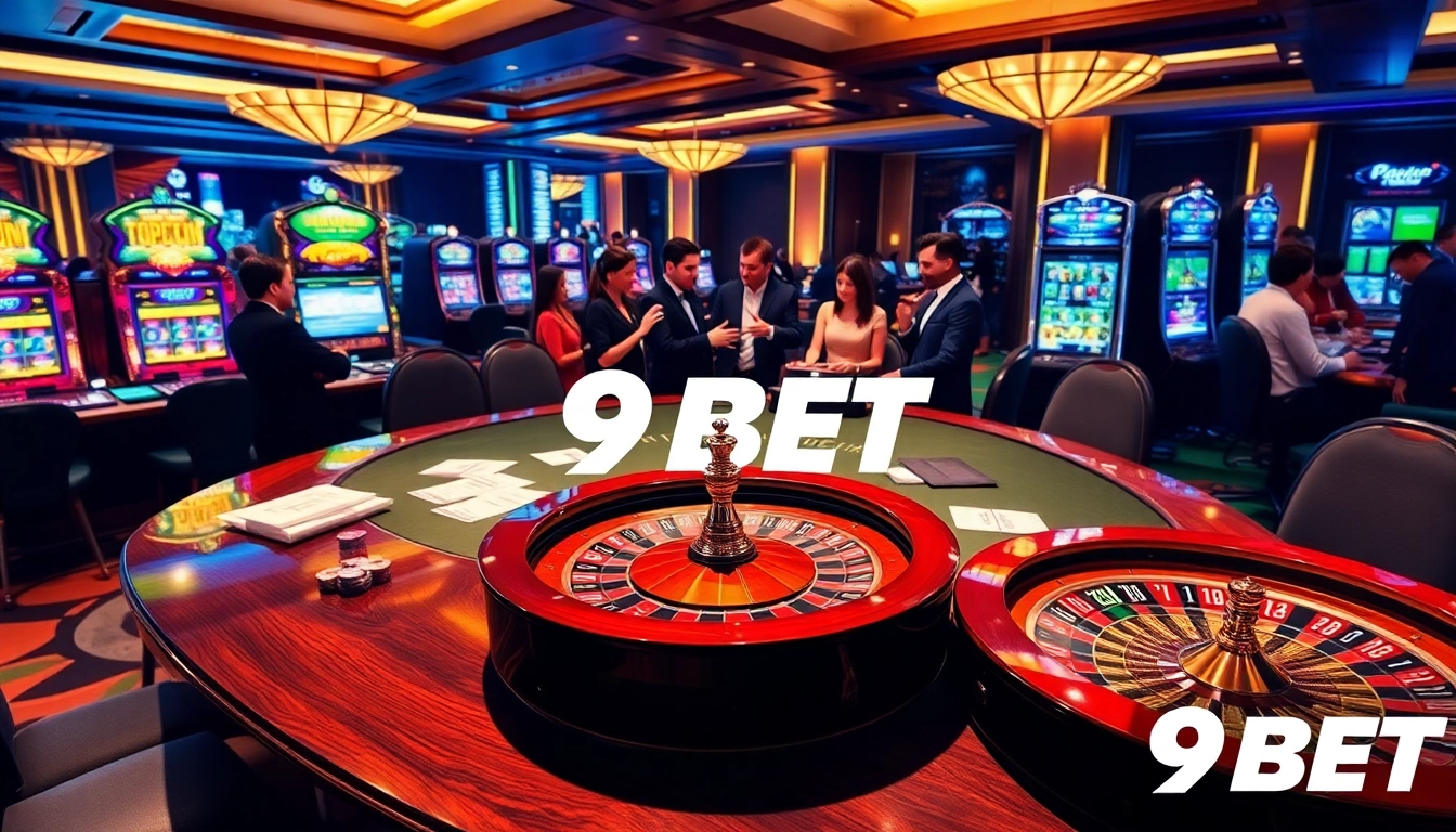 9BET players engaging in high-stakesการเดิมพัน at a vibrant casino table.
