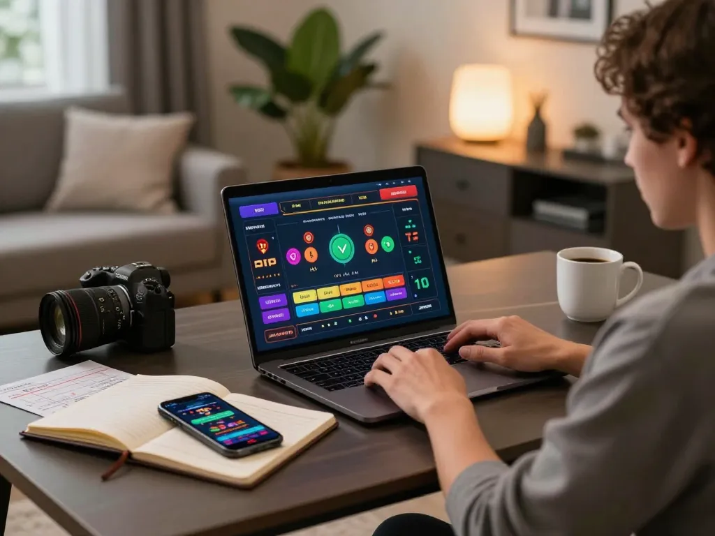 33WIN player engaging in online gambling, analyzing strategies in a cozy home office setting.