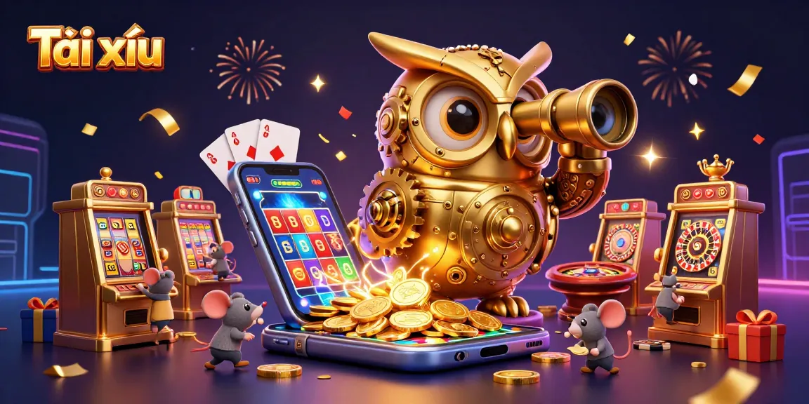 Tài xỉu's golden owl oversees lively casino action with coins and cards erupting in a dynamic illustration.