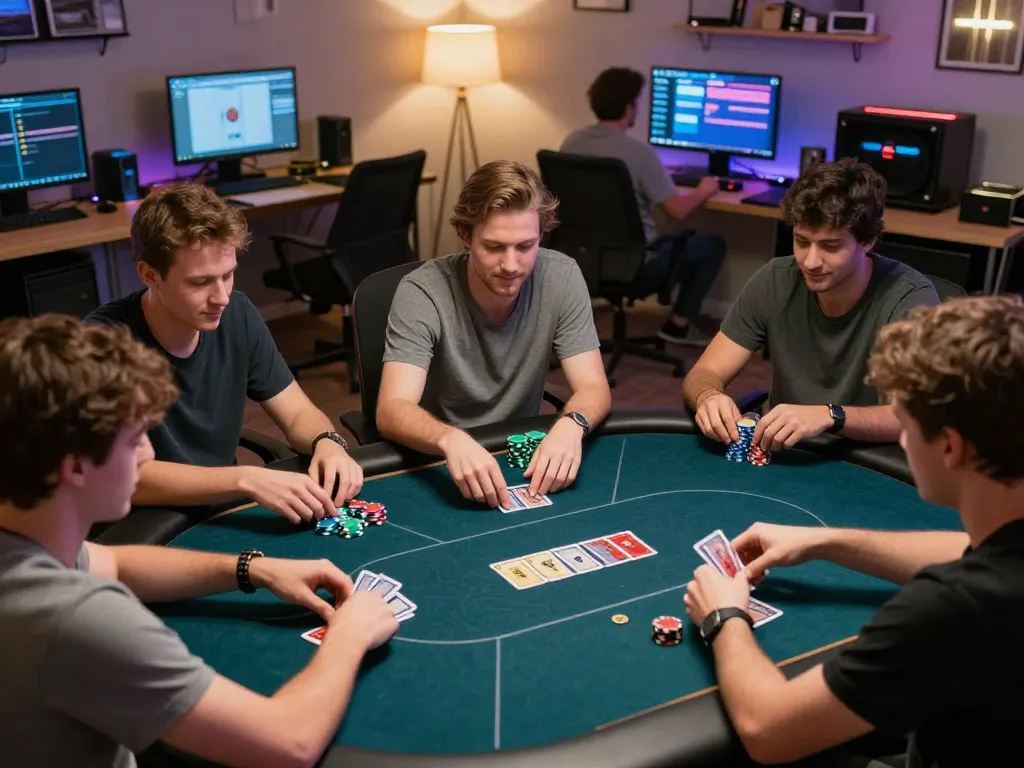 Players enjoying an online poker game on alo8, revealing their cards with excitement.