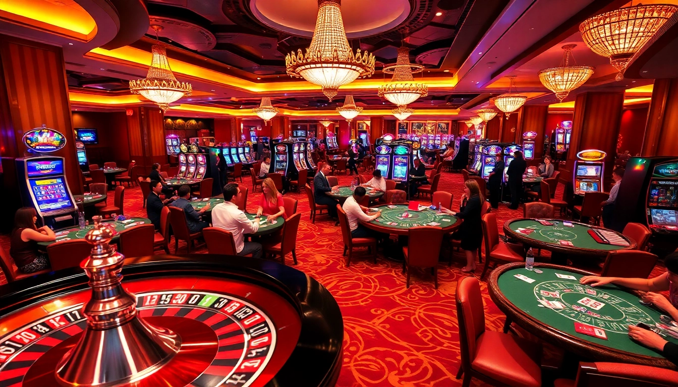 Gamblers enjoying the lively atmosphere at a luxury casino, highlighting liên minh kjc excitement and community.