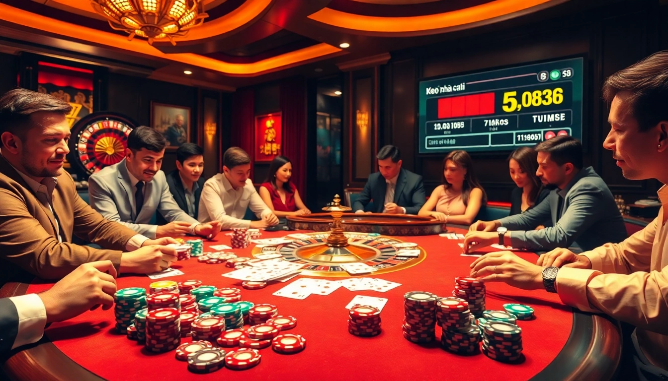 Feel the thrill of Kèo nhà cái 5 with vibrant casino elements, poker chips, and live betting action.