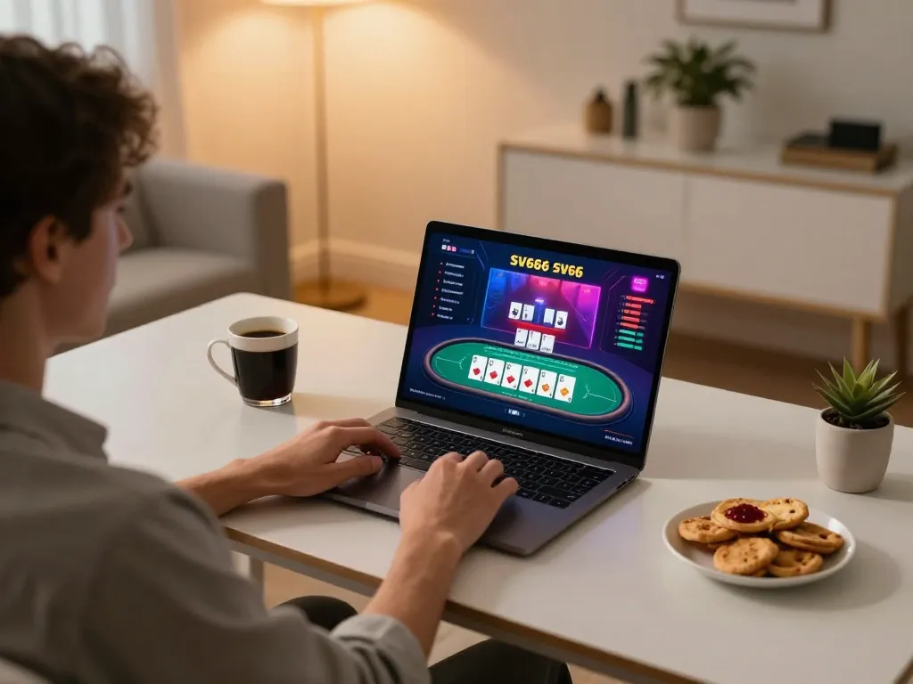 SV66 player strategizing at online poker table interface on laptop with cozy home setting