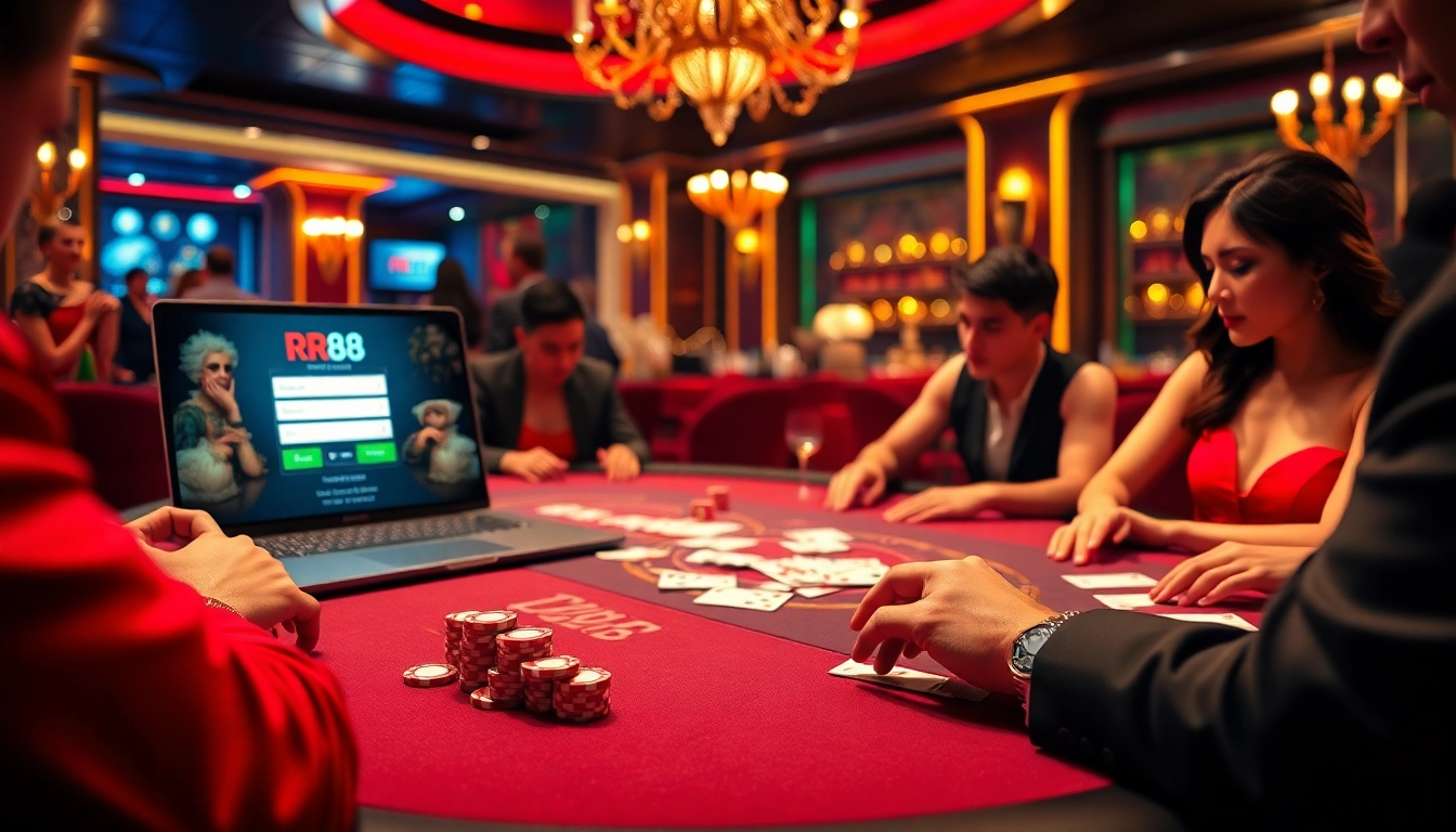 Login to RR88 while enjoying a lively casino atmosphere with players at the table.
