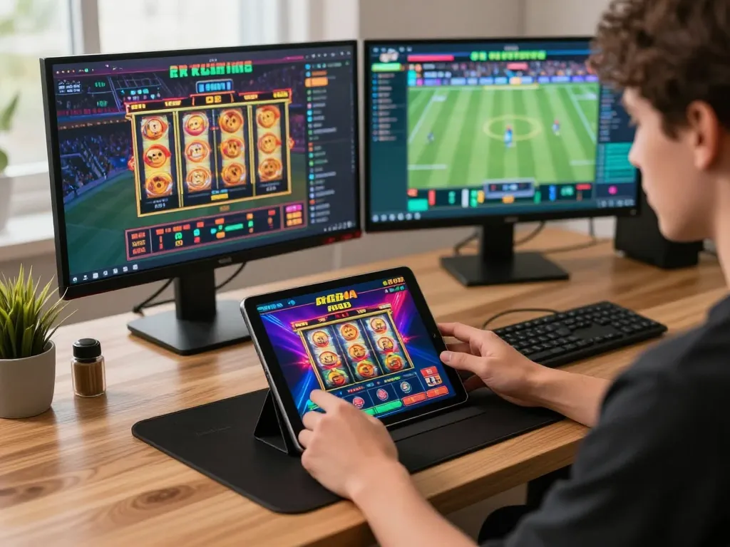 Gamer placing bets on RR88 casino app from a stylish home office setup.