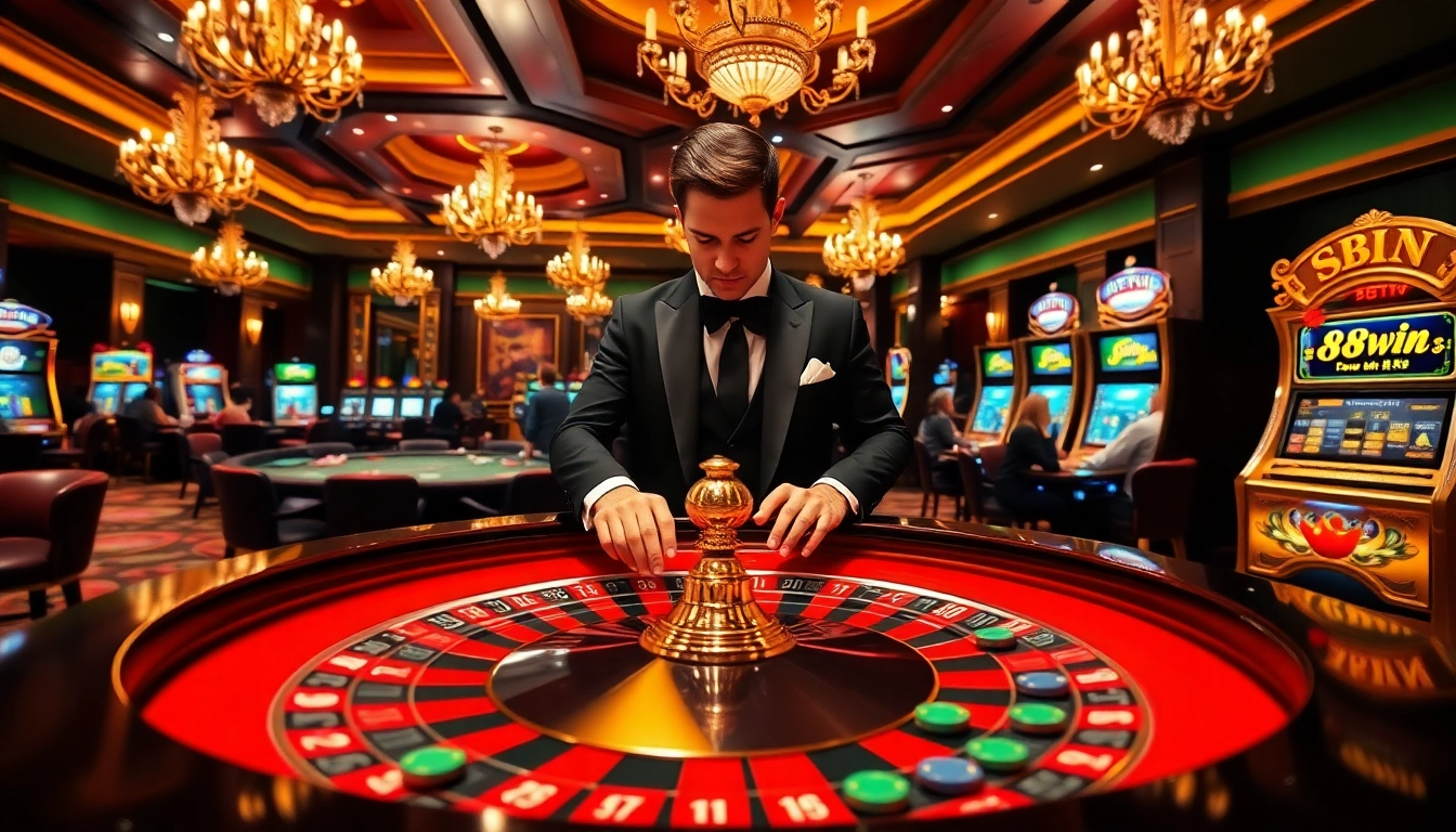 Join the excitement at 98win with players enjoying roulette and poker in a vibrant casino atmosphere.