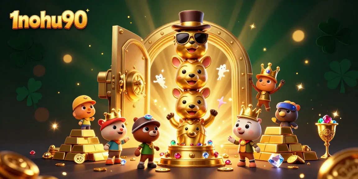 Experience the thrill of 1nohu90 with vibrant casino elements and a golden totem in this immersive gaming illustration.
