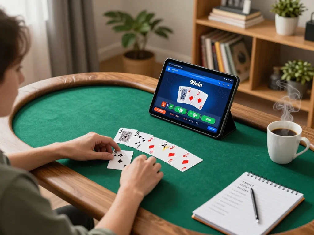 Engaging in online poker gaming on 98win's platform in a cozy home setting