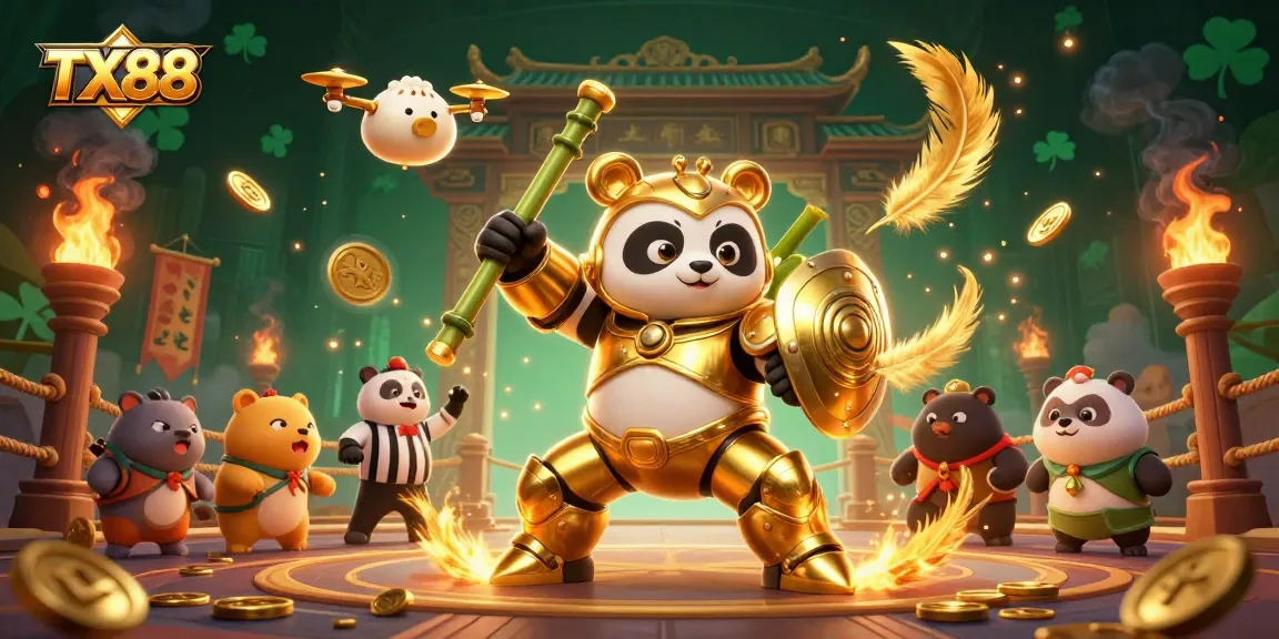 TX88 offers thrilling gaming with a panda in a mech battling in a vibrant casino arena.