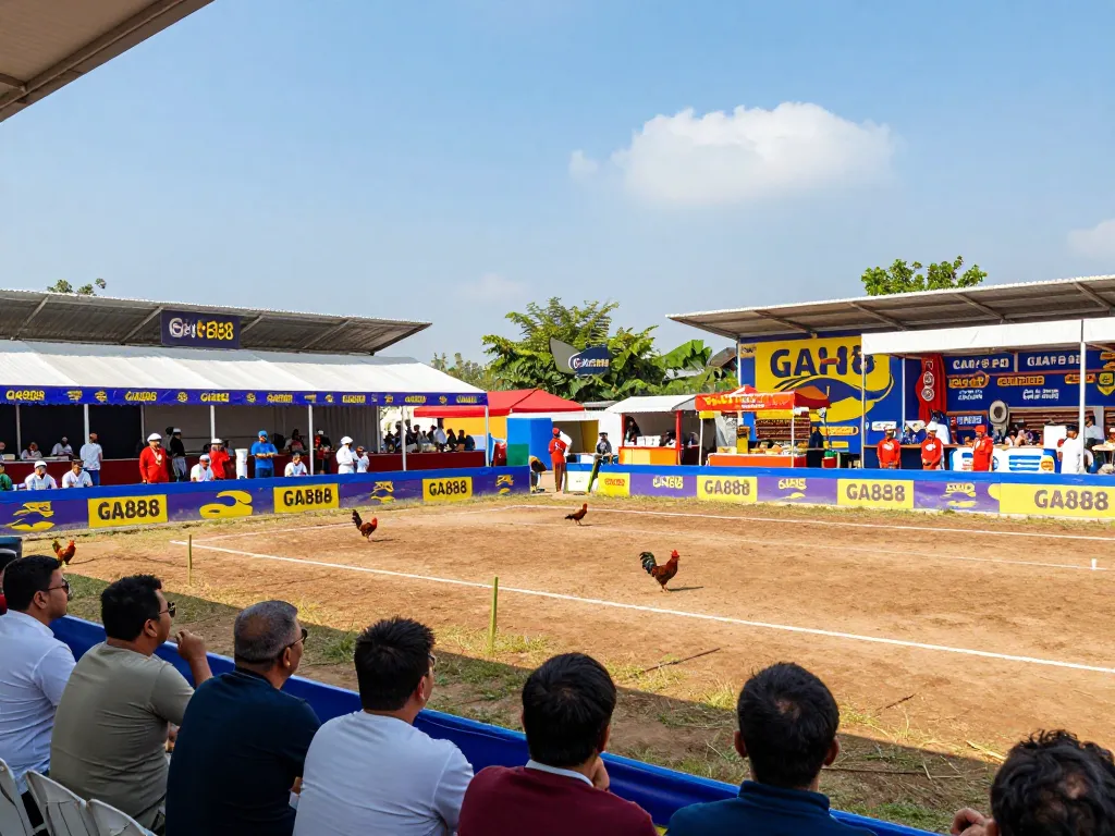 Witness the thrilling action of ga8888 cockfighting in a vibrant outdoor arena, capturing the intensity of the competition and the engaged audience.