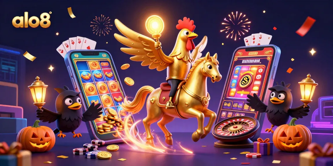Alo8 offers a vibrant casino scene with a golden rooster and companions amidst casino games and excitement