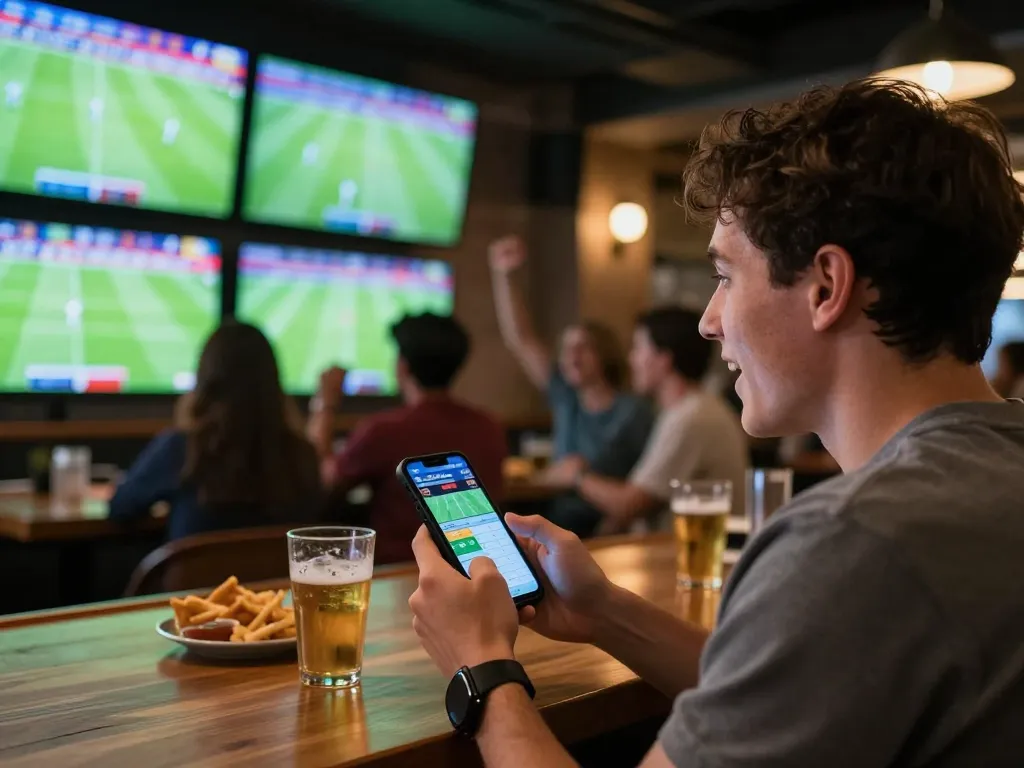 Engaged sports fan checking kết quả bóng đá on smartphone during live match at bar