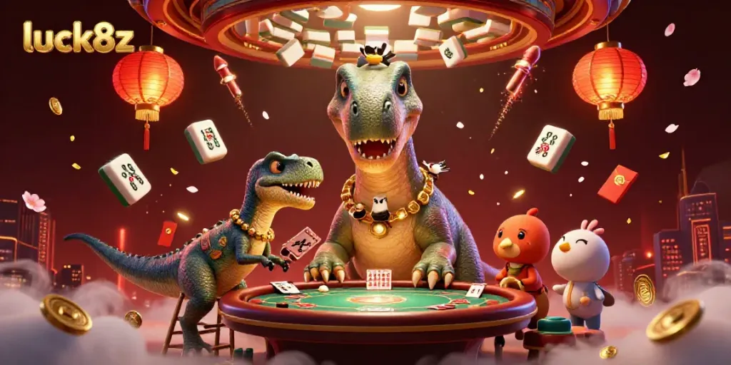 Experience the excitement of luck8z with a towering brontosaurus card dealer in an enchanting casino scene.