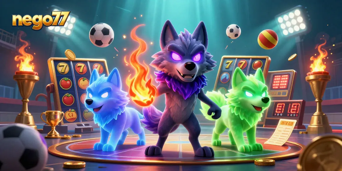 Nego77 captures exhilarating casino action with vibrant slot reels and dynamic 3D characters.